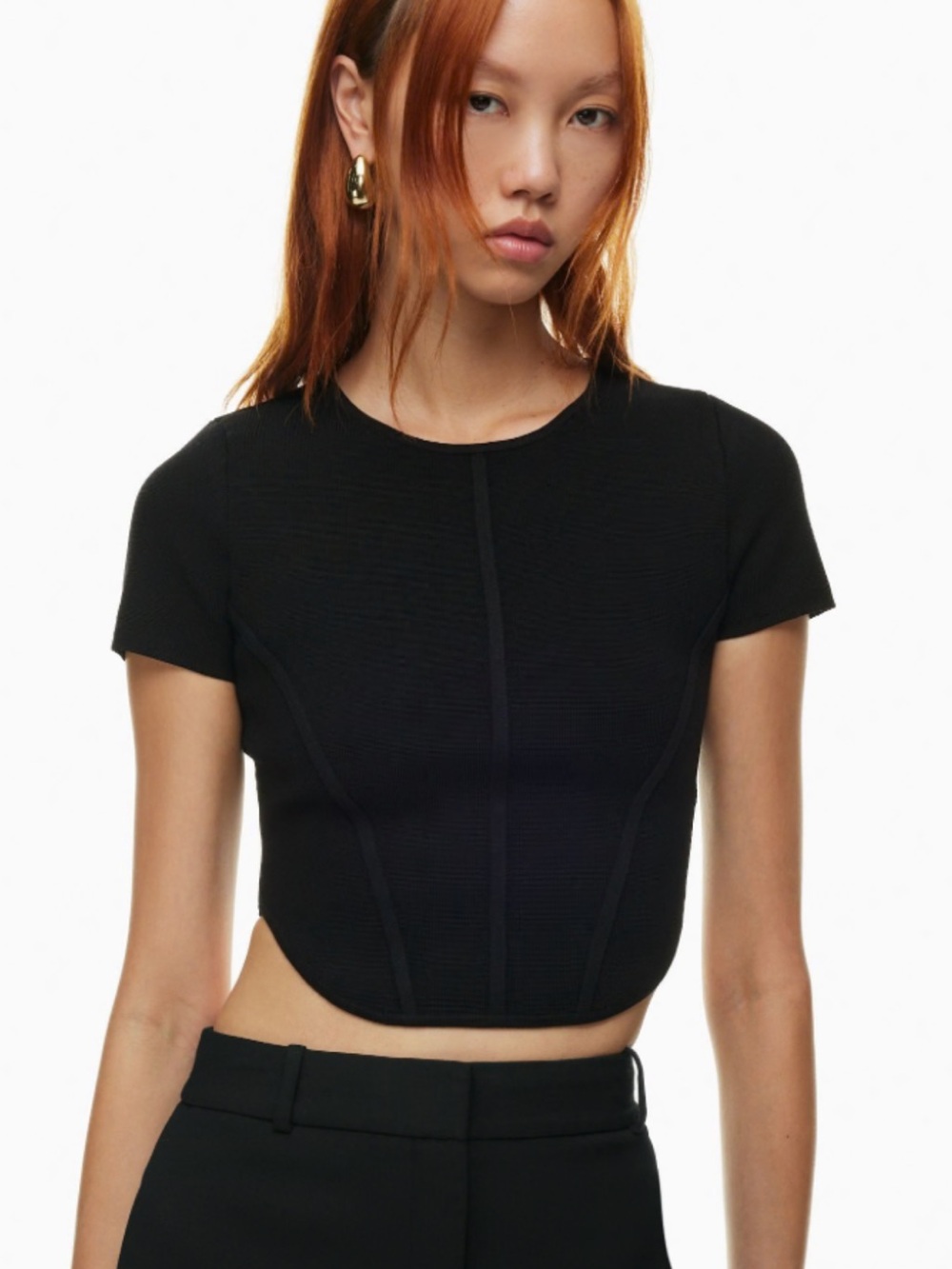 Aritzia Babaton Black Sculpt Knit Bustier Cap Sleeve Cropped Top Minimalist Sz L